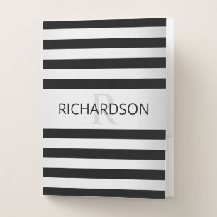 Contemporary Faux Silver Ombre Stripes & Black Pocket Folder