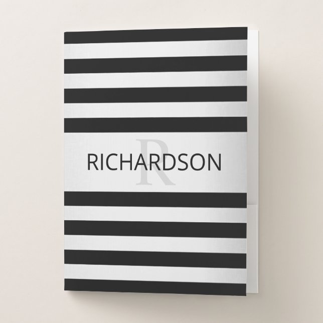 Contemporary Faux Silver Ombre Stripes & Black Pocket Folder (Front)