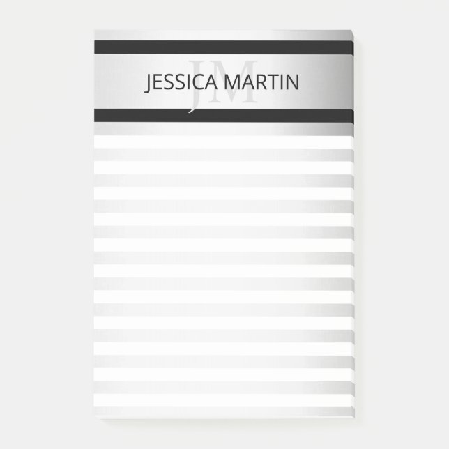 Contemporary Faux Silver Ombre Stripes & Black Post-it Notes (Front)