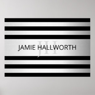 Contemporary Faux Silver Ombre Stripes & Black Poster