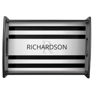 Contemporary Faux Silver Ombre Stripes & Black Serving Tray