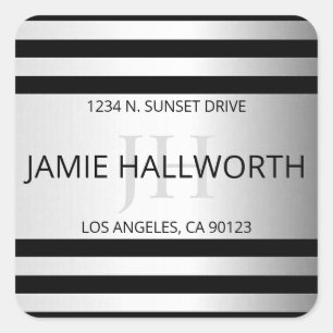 Contemporary Faux Silver Ombre Stripes & Black Square Sticker