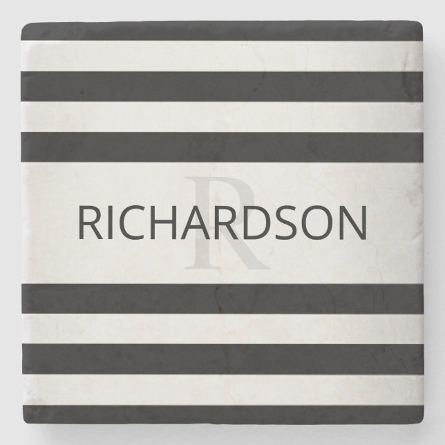Contemporary Faux Silver Ombre Stripes & Black Stone Coaster (Front)
