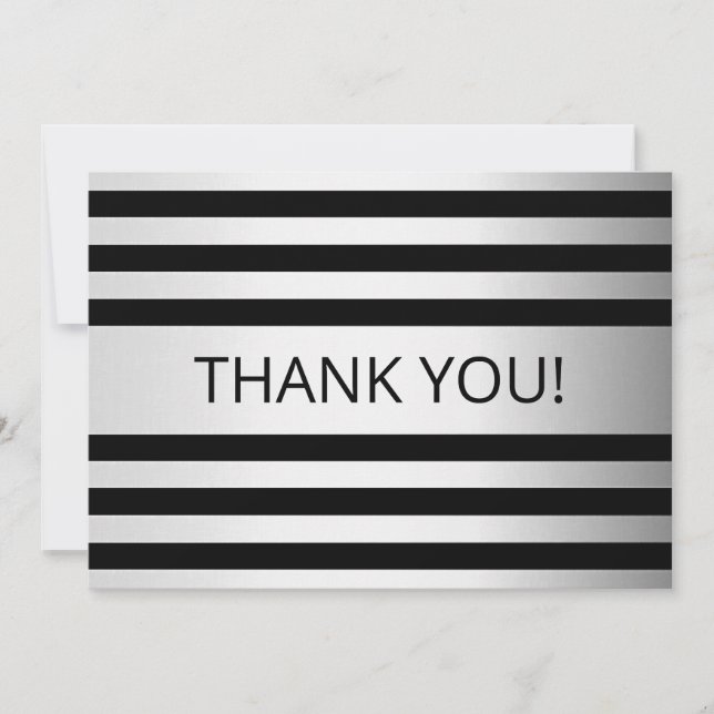 Contemporary Faux Silver Ombre Stripes & Black Thank You Card (Front)