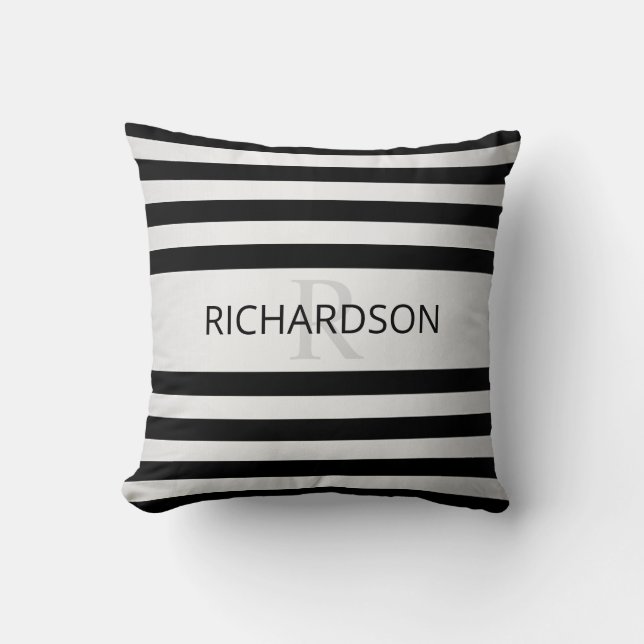 Contemporary Faux Silver Ombre Stripes & Black Throw Pillow (Front)
