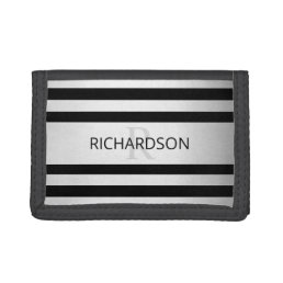 Contemporary Faux Silver Ombre Stripes &amp; Black Trifold Wallet