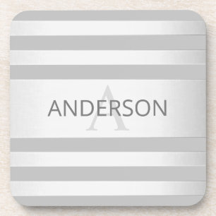 Contemporary Faux Silver Ombre Stripes & Grey Beverage Coaster
