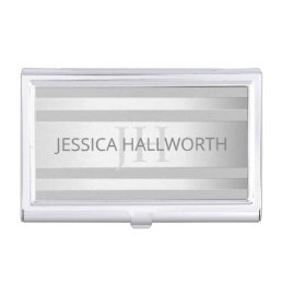 Contemporary Faux Silver Ombre Stripes &amp; Grey Business Card Case