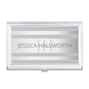 Contemporary Faux Silver Ombre Stripes & Grey Business Card Case