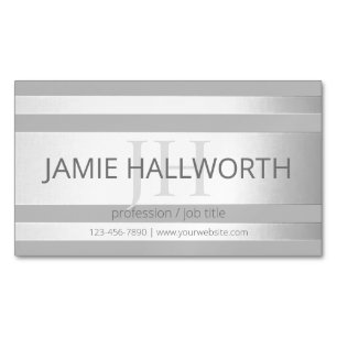 Contemporary Faux Silver Ombre Stripes & Grey Business Card Magnet