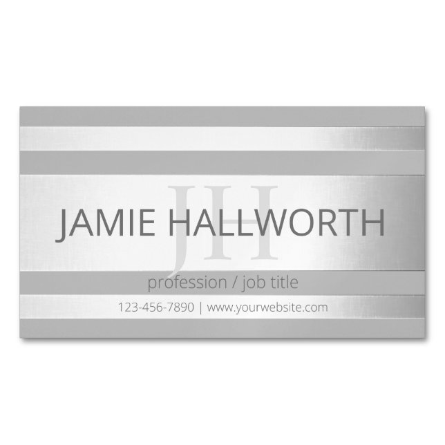 Contemporary Faux Silver Ombre Stripes & Grey Business Card Magnet (Front)