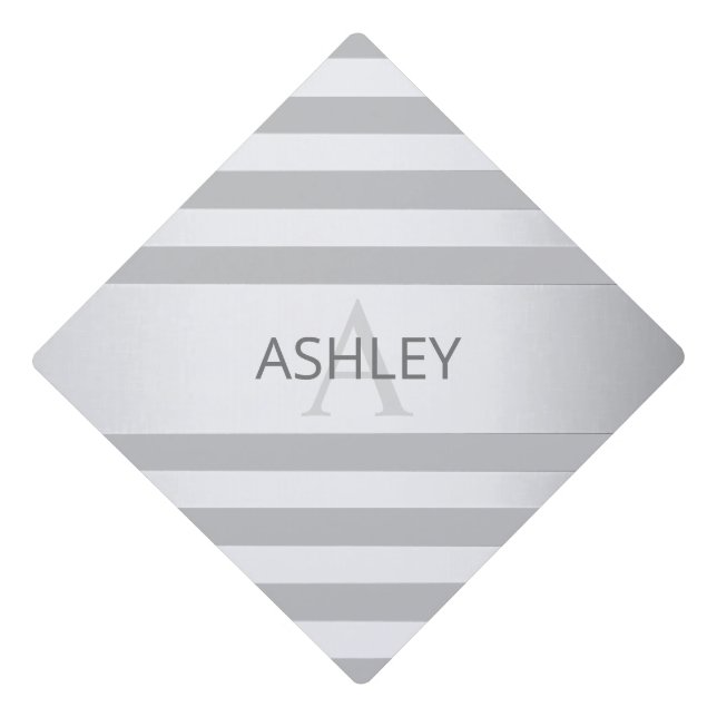 Contemporary Faux Silver Ombre Stripes & Grey Graduation Cap Topper (Front)