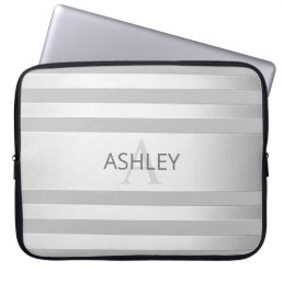 Contemporary Faux Silver Ombre Stripes &amp; Grey Laptop Sleeve