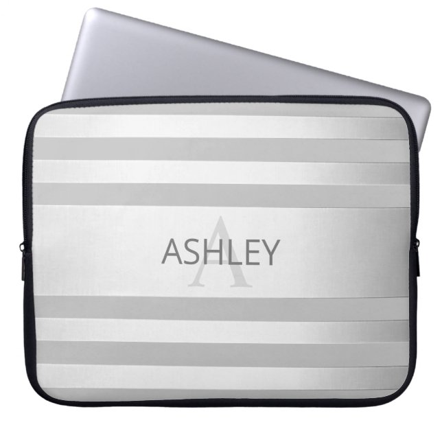 Contemporary Faux Silver Ombre Stripes & Grey Laptop Sleeve (Front)