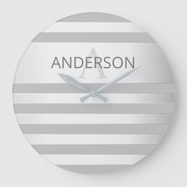 Contemporary Faux Silver Ombre Stripes & Grey Large Clock (Front)