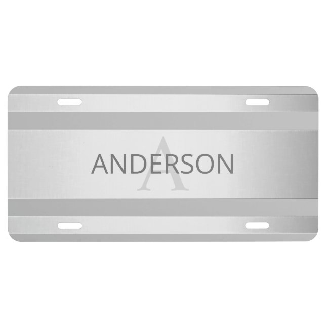 Contemporary Faux Silver Ombre Stripes & Grey License Plate (Front)