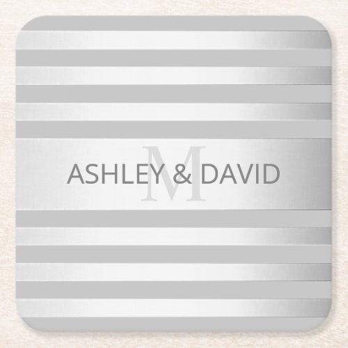 Contemporary Faux Silver Ombre Stripes  Grey Square Paper Coaster