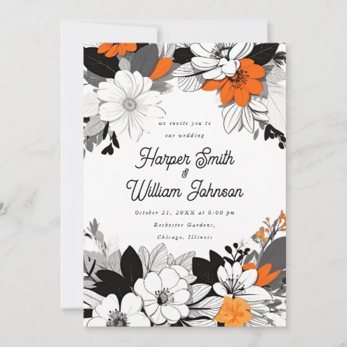 Contemporary floral black white orange wedding invitation