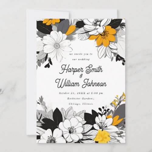 Contemporary floral black white yellow wedding invitation