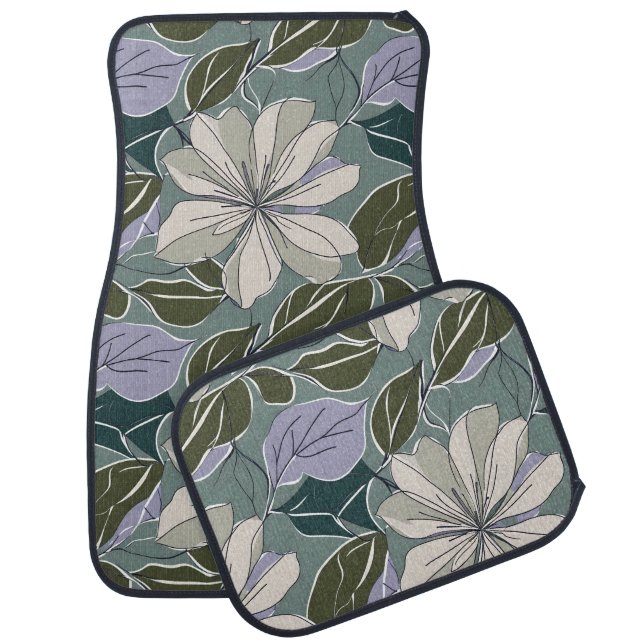 Contemporary Floral Silver & Blue Car Floor Mat (Set)