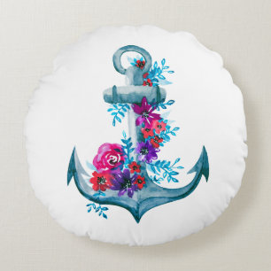 Contemporary Floral Watercolor Anchor Illustration Round Pillow