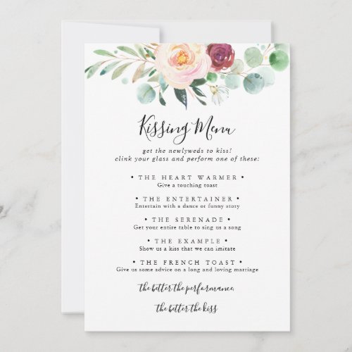 Contemporary Floral Wedding Kissing Menu Game Card
