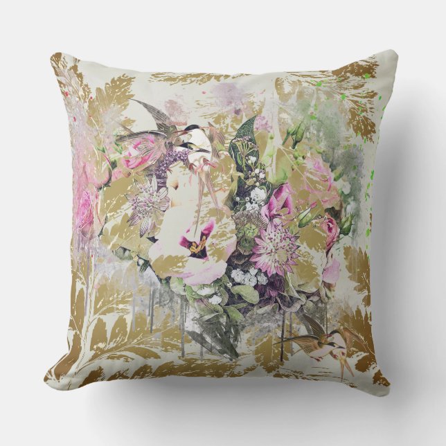 Contemporary Florals, Birds Sage Background Throw Pillow (Front)