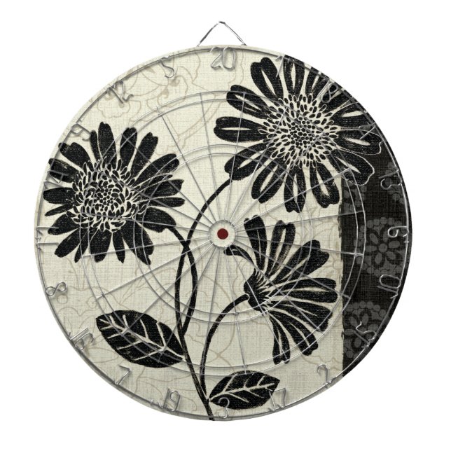 Contemporary Florals in Black and White Dart Board (Front)