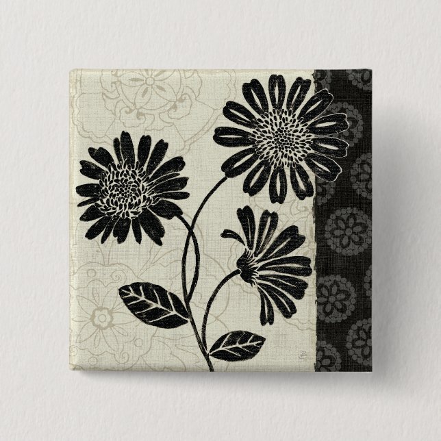 Contemporary Florals in Black and White Pinback Button (Front)