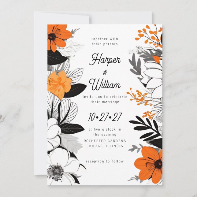 Contemporary flowers black, white, orange wedding invitation (Front)