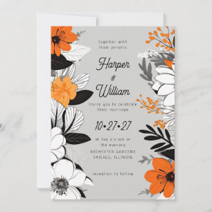 Contemporary flowers black, white, orange wedding invitation