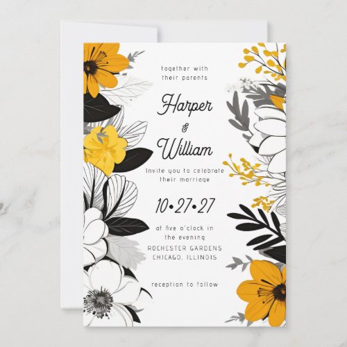 Contemporary flowers black white yellow wedding invitation