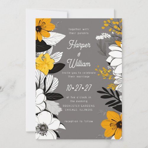 Contemporary flowers black white yellow wedding invitation