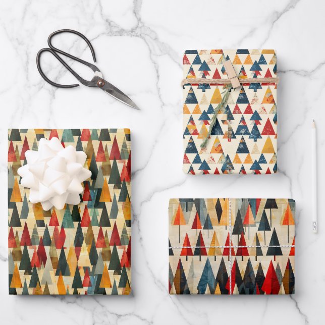 Contemporary Geometric Christmas Tree Pattern Wrapping Paper Sheets (Front)