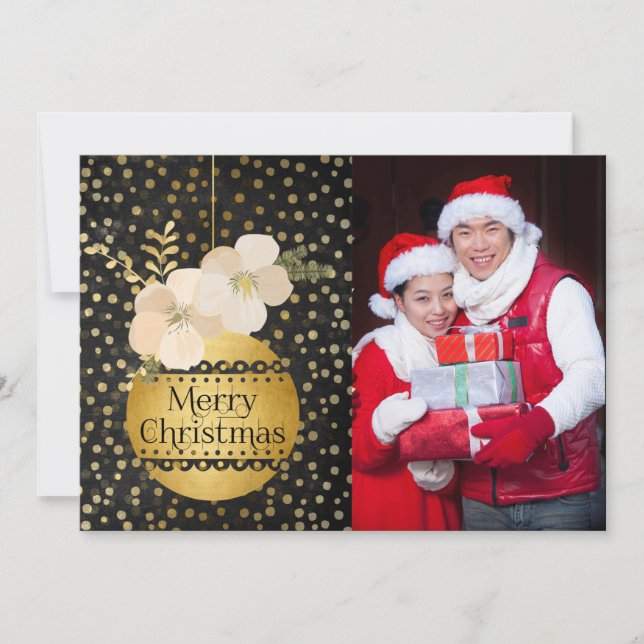 Contemporary Gold Black Christmas Ornament Card (Front)