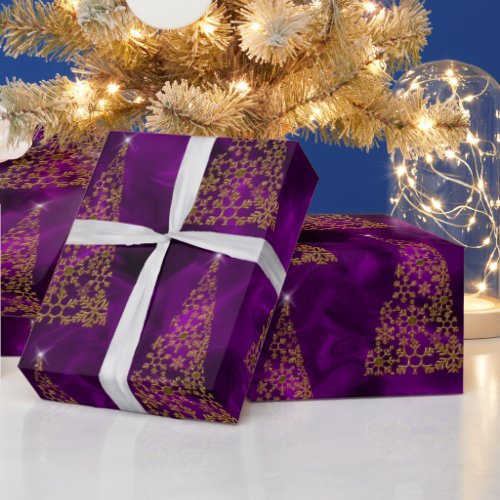 Contemporary Gold Christmas Trees on Purple Wrapping Paper