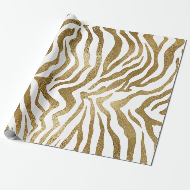 Contemporary Golden Zebra White Animal Skin Vip Wrapping Paper (Unrolled)