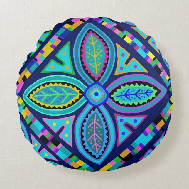 Contemporary Granny Square Flower Round Pillow (Front)