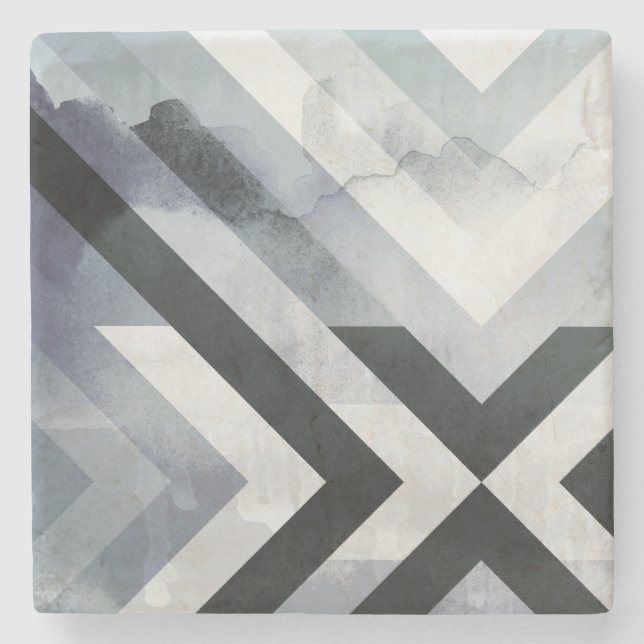 Contemporary Gray Black Distressed Geometric Stone Coaster (Front)