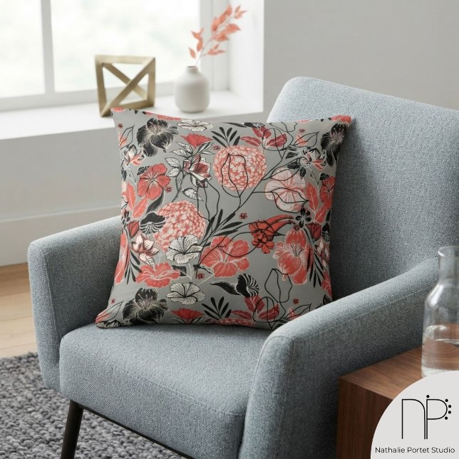 Contemporary Gray Floral Pattern Throw Pillow (This Contemporary Gray Floral Pattern Throw Pillow features hand-drawn tropical floral art.)