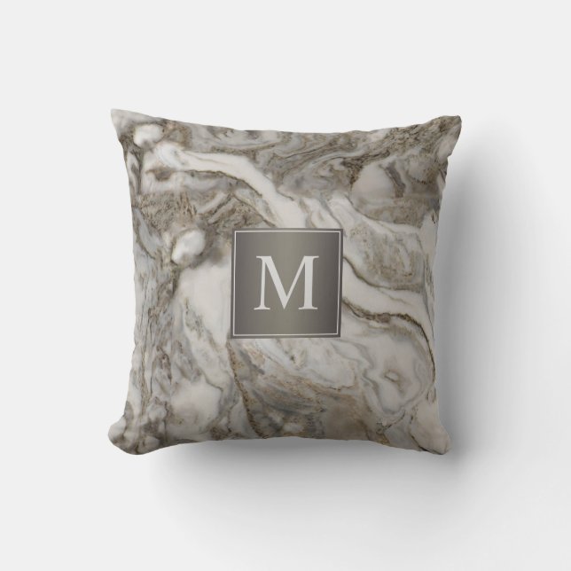 Contemporary Gray Marble Pattern with Monogram Throw Pillow (Front)