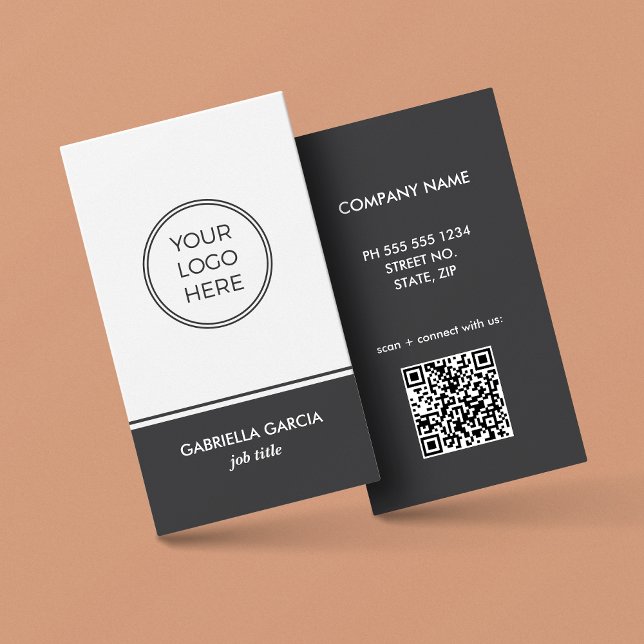 Contemporary Gray QR Code Logo Business Card (Card shown in 3.5x2 inches. Personalize and choose size, corner + paper style)