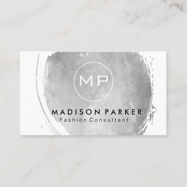 Contemporary Gray Watercolor Brushed with Monogram Business Card (Front)
