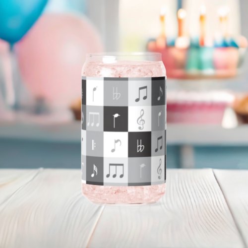 Contemporary grayscale music notes pattern can glass