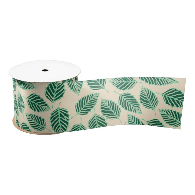 Contemporary Green Birch Leaves Pattern Satin Ribbon (Spool)