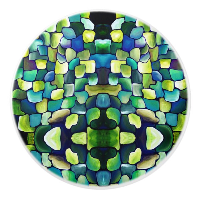 Contemporary Green Pattern Playful Tiles Ceramic Knob (Front)