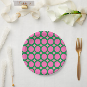 Contemporary Green & Pink Geometric Circle Shape Paper Plates