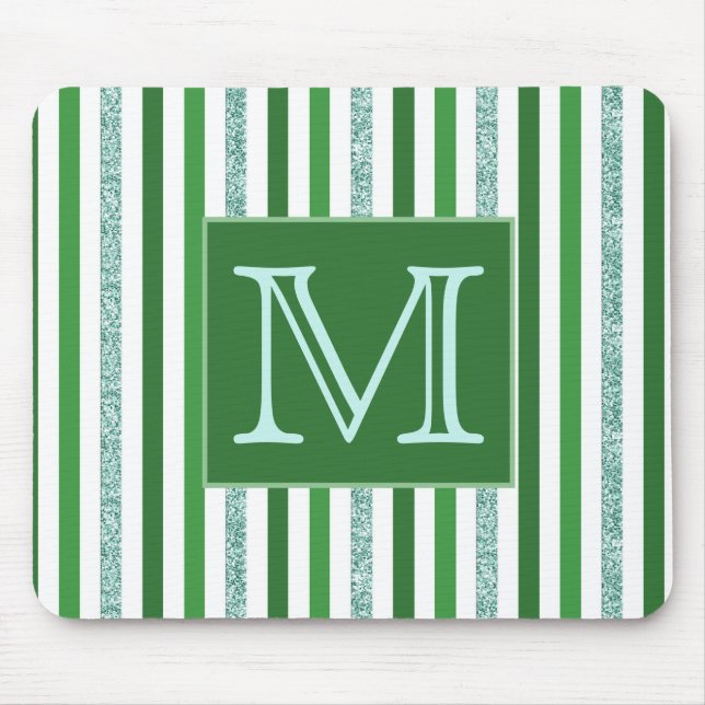 Contemporary Green Silver Glitter Stripes Monogram Mouse Pad (Front)