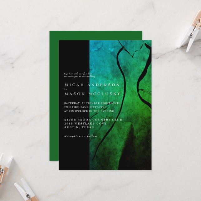 Contemporary Green Wedding Dress Wedding  Invitation (Front/Back In Situ)