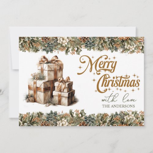 Contemporary green wreath and faux gold Christmas Holiday Card